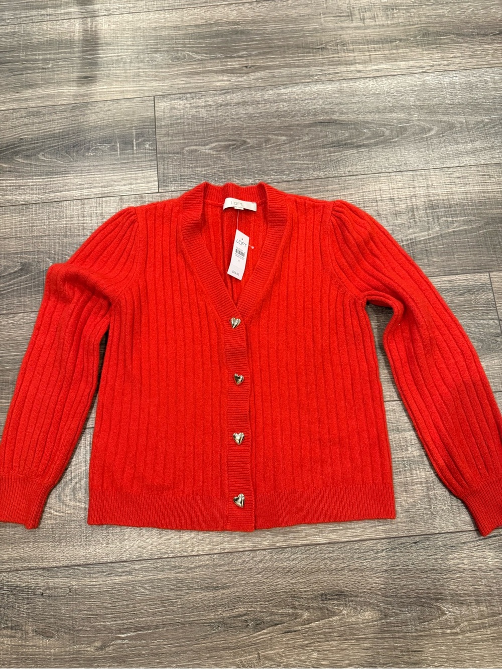 LOFT Red Ribbed V-Neck Button Cardigan Sweater